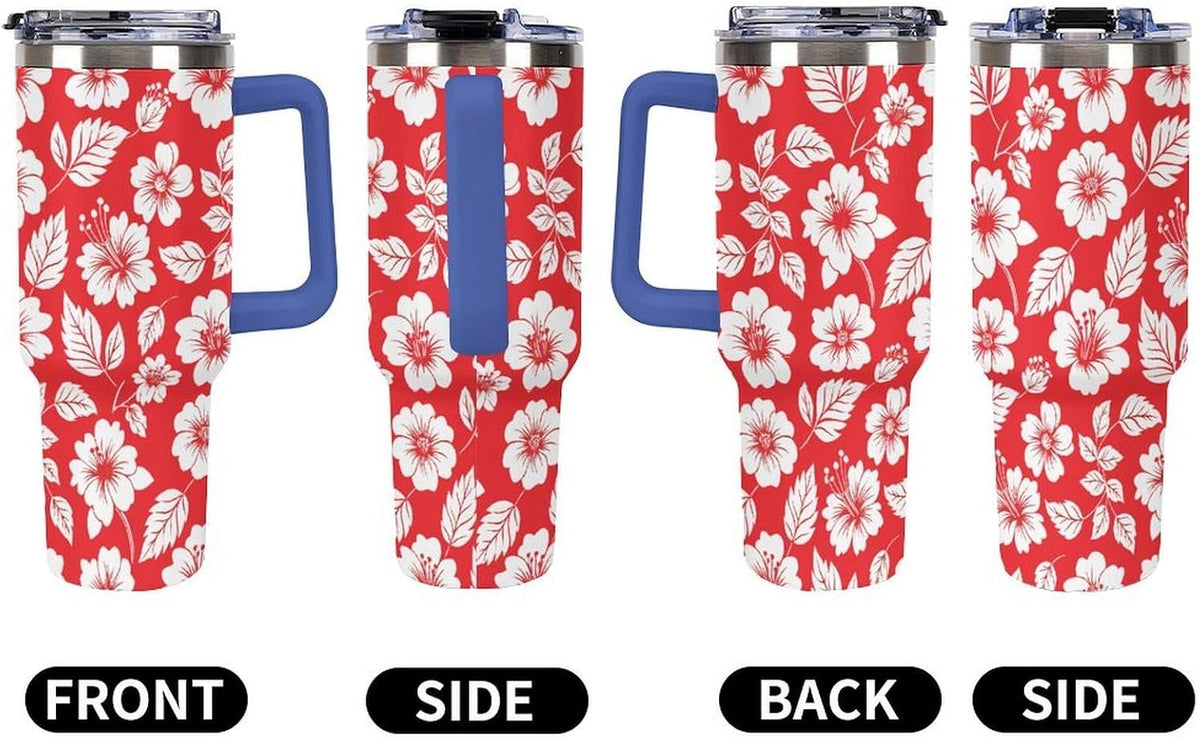 Leakproof Tumbler Vacuum Sealed Car Holder Friendly For Travel Simple Minimalist White Poppy Flower Pattern Coffee Mug Light Rose Red-style-27 - Colors B