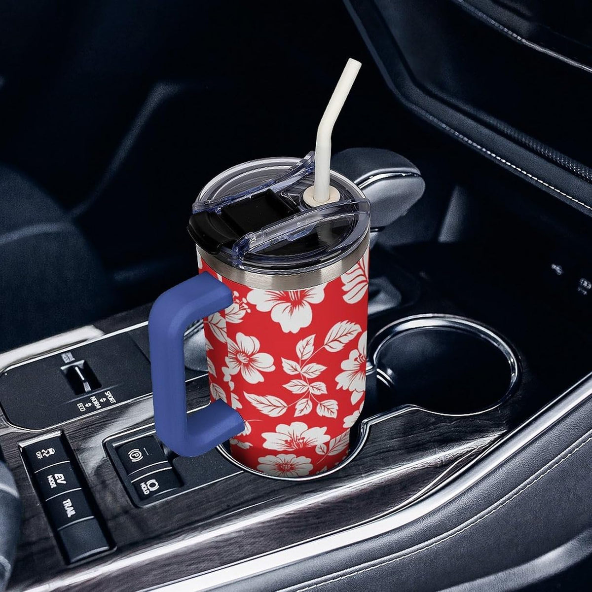 Leakproof Tumbler Vacuum Sealed Car Holder Friendly For Travel Simple Minimalist White Poppy Flower Pattern Coffee Mug Light Rose Red-style-27 - Colors B