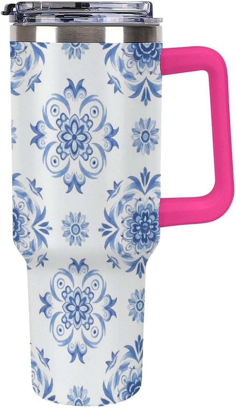 Leakproof Tumbler Vacuum Sealed Car Holder Friendly For Travel Simple Minimalist White Poppy Flower Pattern Coffee Mug Light Rose Red-style-27 - Colors B