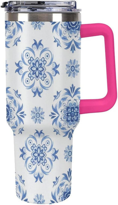 Leakproof Tumbler Vacuum Sealed Car Holder Friendly For Travel Simple Minimalist White Poppy Flower Pattern Coffee Mug Light Rose Red-style-27 - Colors B