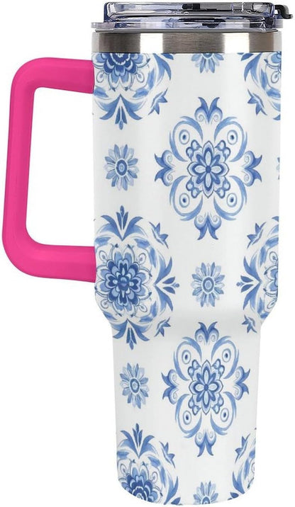 Leakproof Tumbler Vacuum Sealed Car Holder Friendly For Travel Simple Minimalist White Poppy Flower Pattern Coffee Mug Light Rose Red-style-27 - Colors B