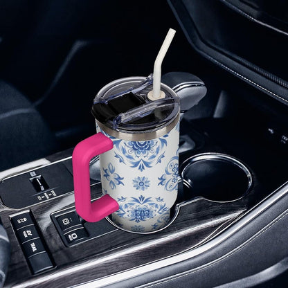 Leakproof Tumbler Vacuum Sealed Car Holder Friendly For Travel Simple Minimalist White Poppy Flower Pattern Coffee Mug Light Rose Red-style-27 - Colors B