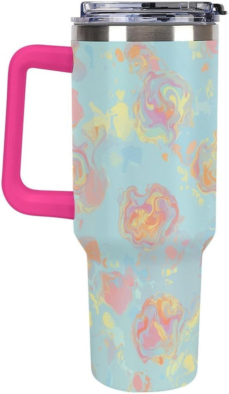 Leakproof Tumbler Vacuum Sealed Car Holder Friendly For Travel Simple Minimalist White Poppy Flower Pattern Coffee Mug Light Rose Red-style-27 - Colors B
