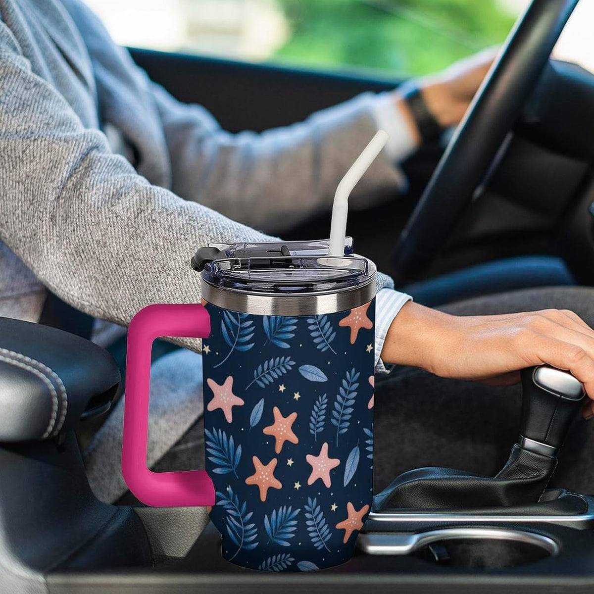 Leakproof Tumbler Vacuum Sealed Car Holder Friendly For Travel Simple Minimalist White Poppy Flower Pattern Coffee Mug Light Rose Red-style-27 - Colors B