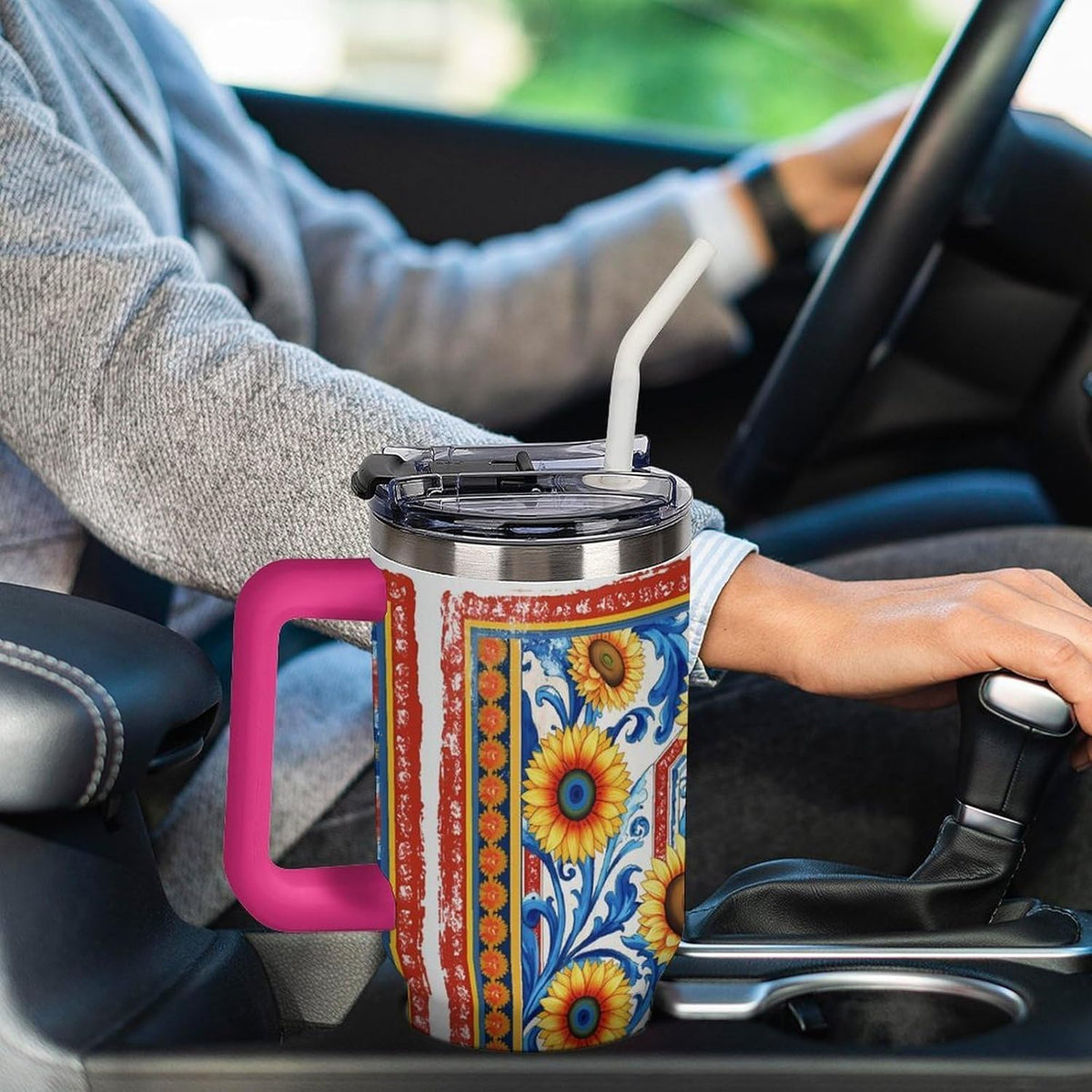 Leakproof Tumbler Vacuum Sealed Car Holder Friendly For Travel Simple Minimalist White Poppy Flower Pattern Coffee Mug Light Rose Red-style-27 - Colors B