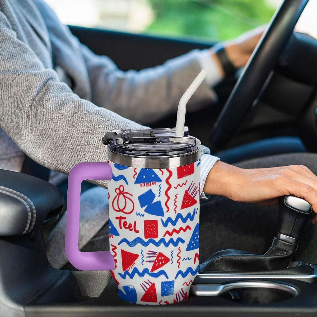 Leakproof Tumbler Vacuum Sealed Car Holder Friendly For Travel Simple Minimalist White Poppy Flower Pattern Coffee Mug Light Rose Red-style-27 - Colors B