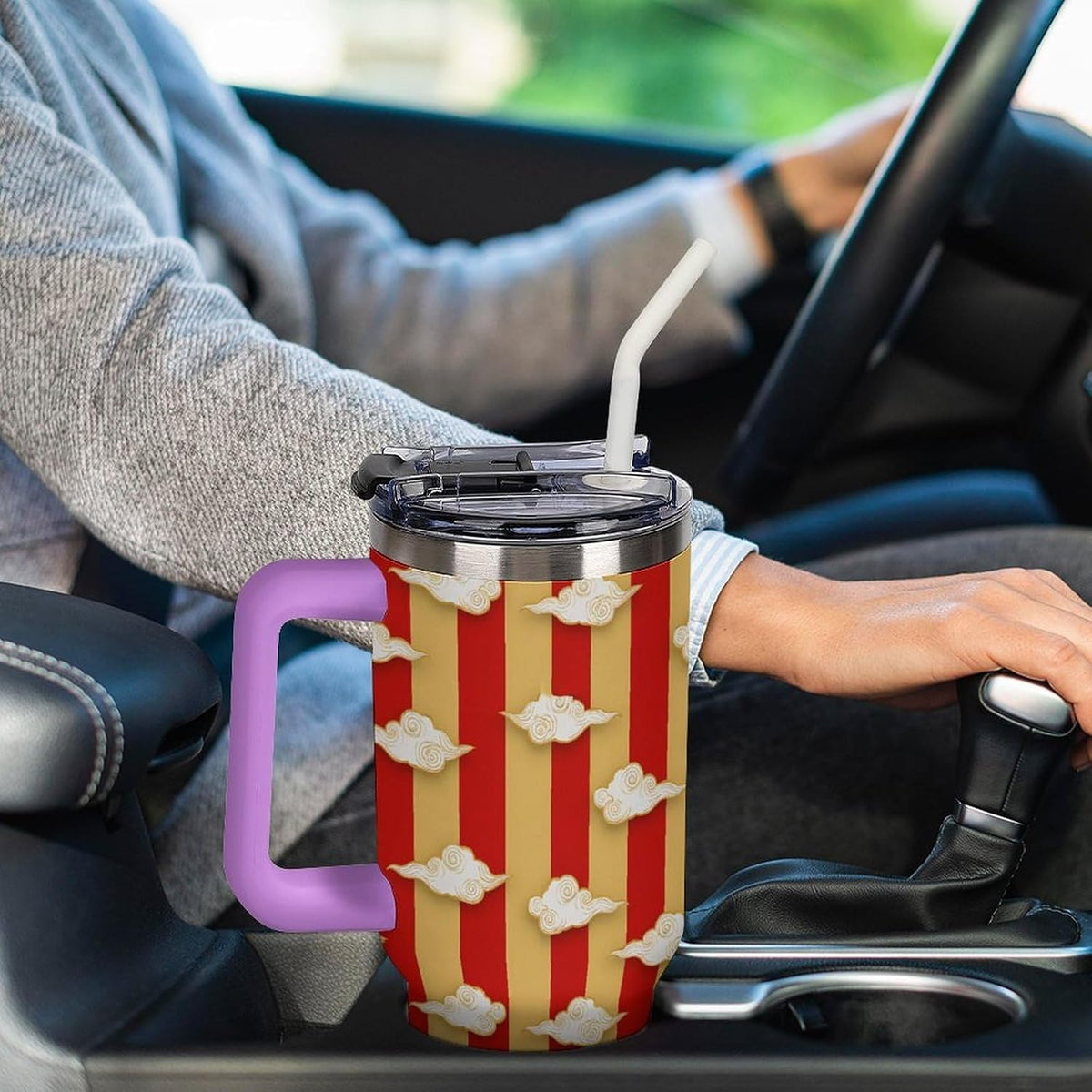 Leakproof Tumbler Vacuum Sealed Car Holder Friendly For Travel Simple Minimalist White Poppy Flower Pattern Coffee Mug Light Rose Red-style-27 - Colors B