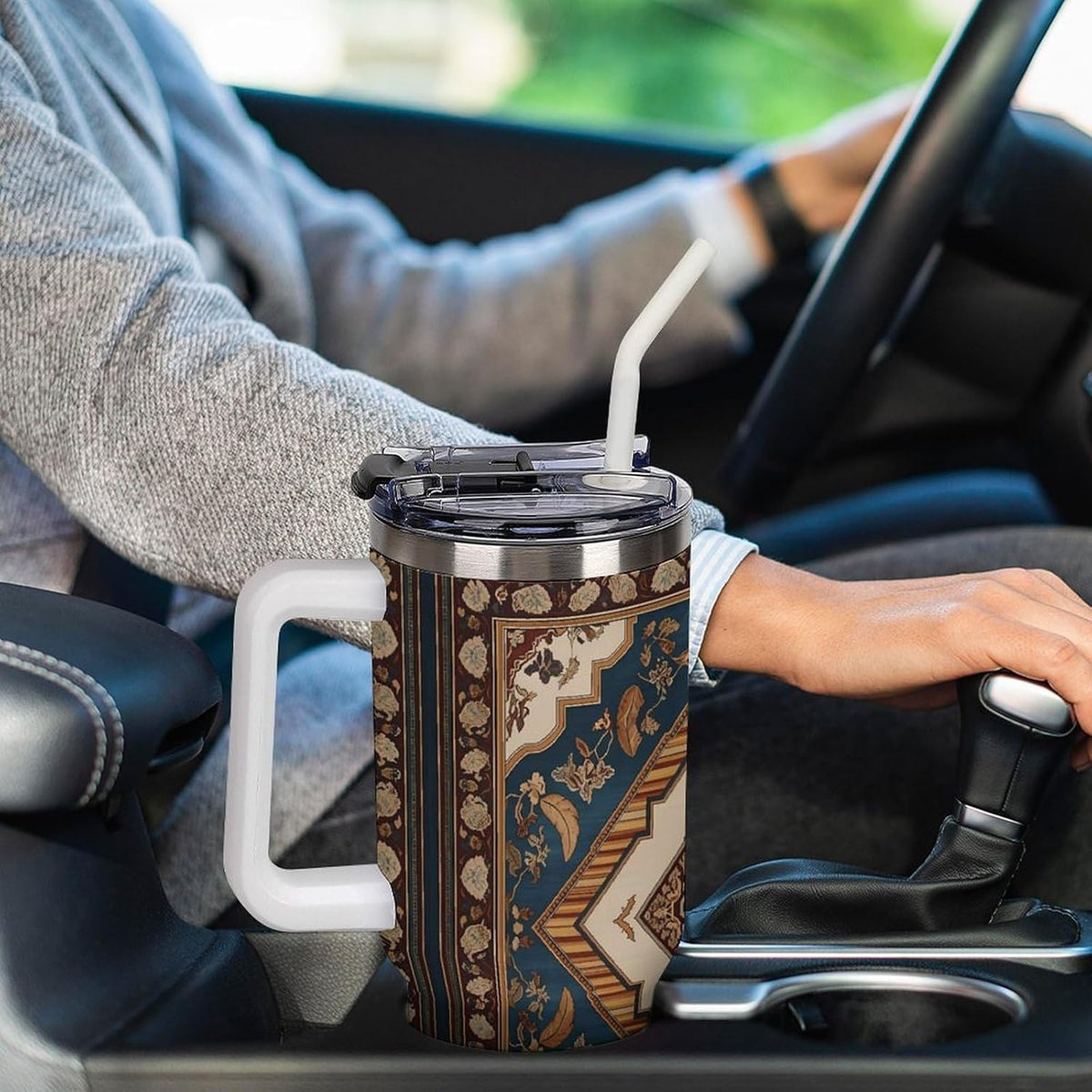 Leakproof Tumbler Vacuum Sealed Car Holder Friendly For Travel Simple Minimalist White Poppy Flower Pattern Coffee Mug Light Rose Red-style-27 - Colors B