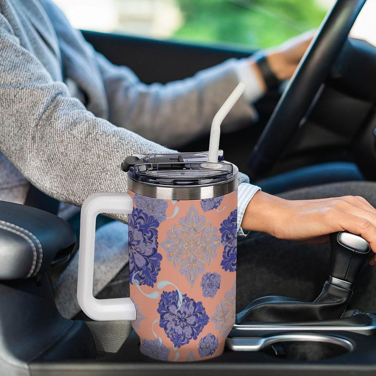 Leakproof Tumbler Vacuum Sealed Car Holder Friendly For Travel Simple Minimalist White Poppy Flower Pattern Coffee Mug Light Rose Red-style-27 - Colors B