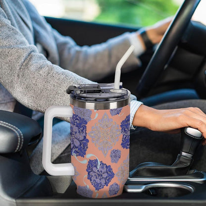 Leakproof Tumbler Vacuum Sealed Car Holder Friendly For Travel Simple Minimalist White Poppy Flower Pattern Coffee Mug Light Rose Red-style-27 - Colors B