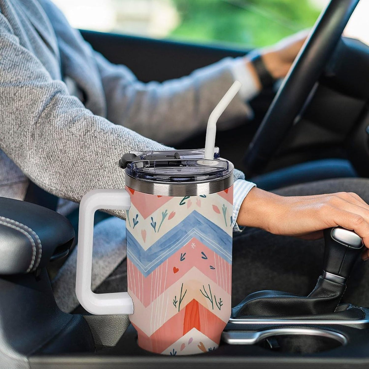 Leakproof Tumbler Vacuum Sealed Car Holder Friendly For Travel Simple Minimalist White Poppy Flower Pattern Coffee Mug Light Rose Red-style-27 - Colors B