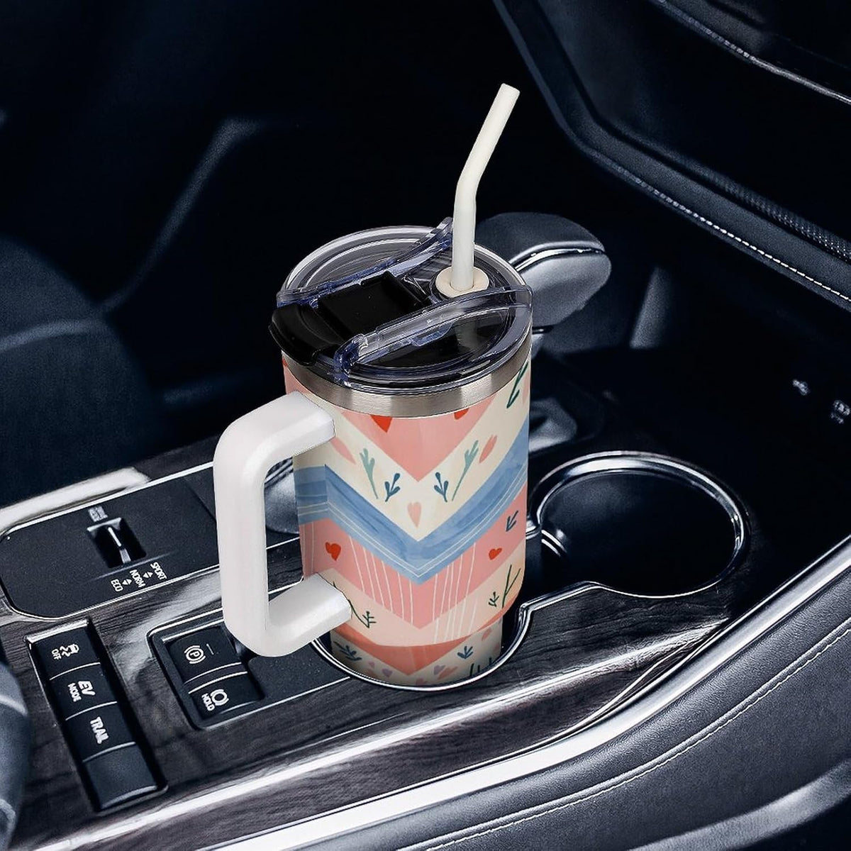 Leakproof Tumbler Vacuum Sealed Car Holder Friendly For Travel Simple Minimalist White Poppy Flower Pattern Coffee Mug Light Rose Red-style-27 - Colors B