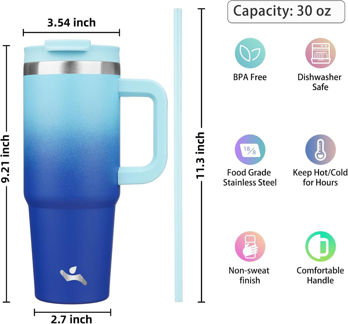 30 oz Insulated Tumbler Water Bottle with Handle, Straw Lid