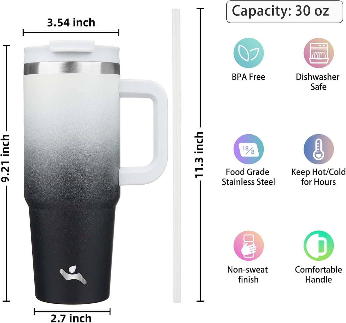 30 oz Insulated Tumbler Water Bottle with Handle, Straw Lid