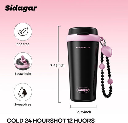16 oz Travel Coffee Mug Spill Proof Leak Proof, Stainless Steel Thermal Coffee Cup with Lid, Resuable Ceramic Lined Tumbler for Office, Commute, Yoga Drinks Flask for Women - Berry Black