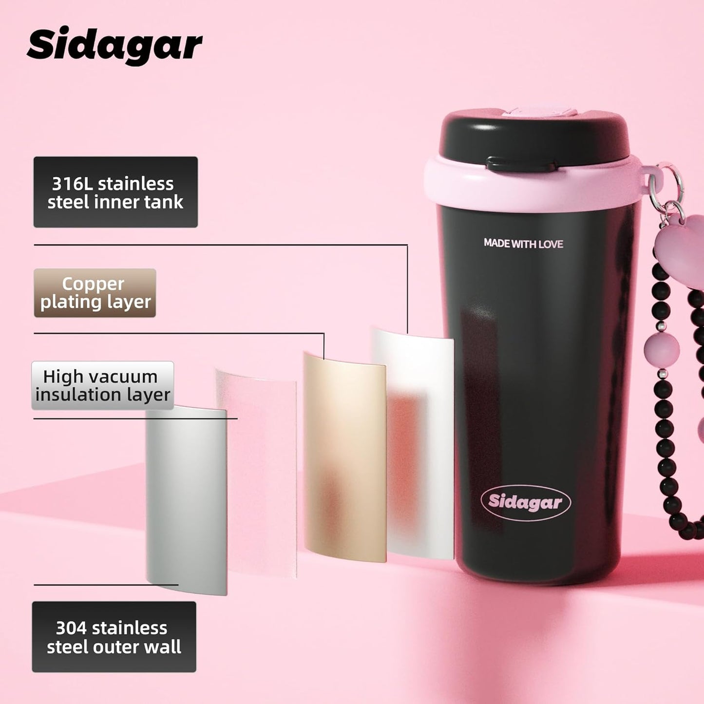 16 oz Travel Coffee Mug Spill Proof Leak Proof, Stainless Steel Thermal Coffee Cup with Lid, Resuable Ceramic Lined Tumbler for Office, Commute, Yoga Drinks Flask for Women - Berry Black