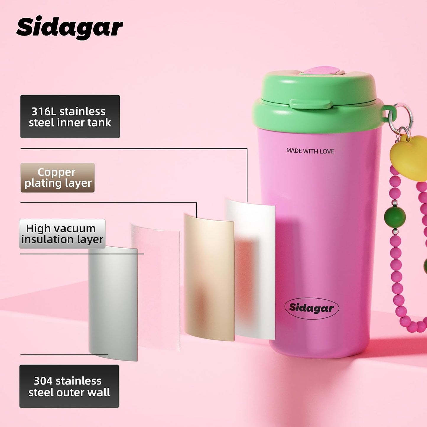 16 oz Travel Coffee Mug Spill Proof Leak Proof, Stainless Steel Thermal Coffee Cup with Lid, Resuable Ceramic Lined Tumbler for Office, Commute, Yoga Drinks Flask for Women - Berry Black