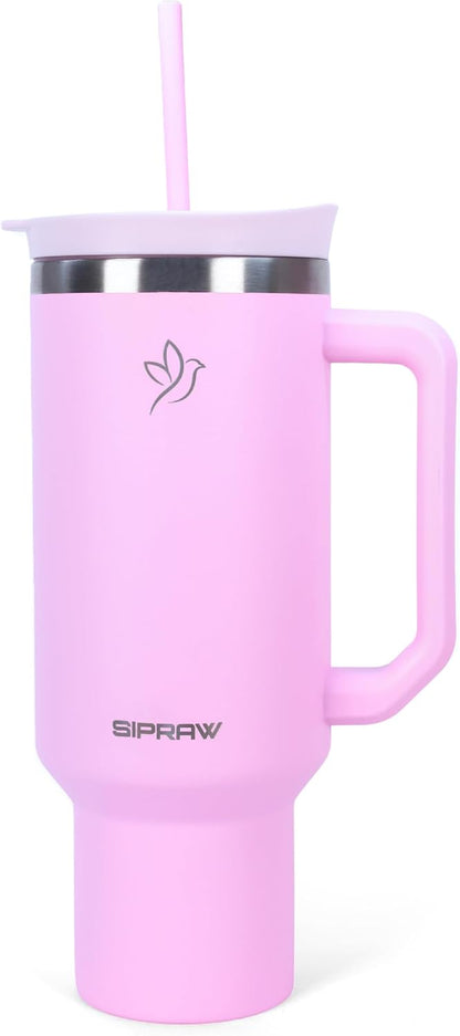 40oz Tumbler with Handle and Straw Insulated Stainless Steel Travel Mug Vacuum Double Wall Coffee Cup Leak Resistant Lid BPA-Free Cup Holder Friendly for Hot & Cold Drinks, Pink