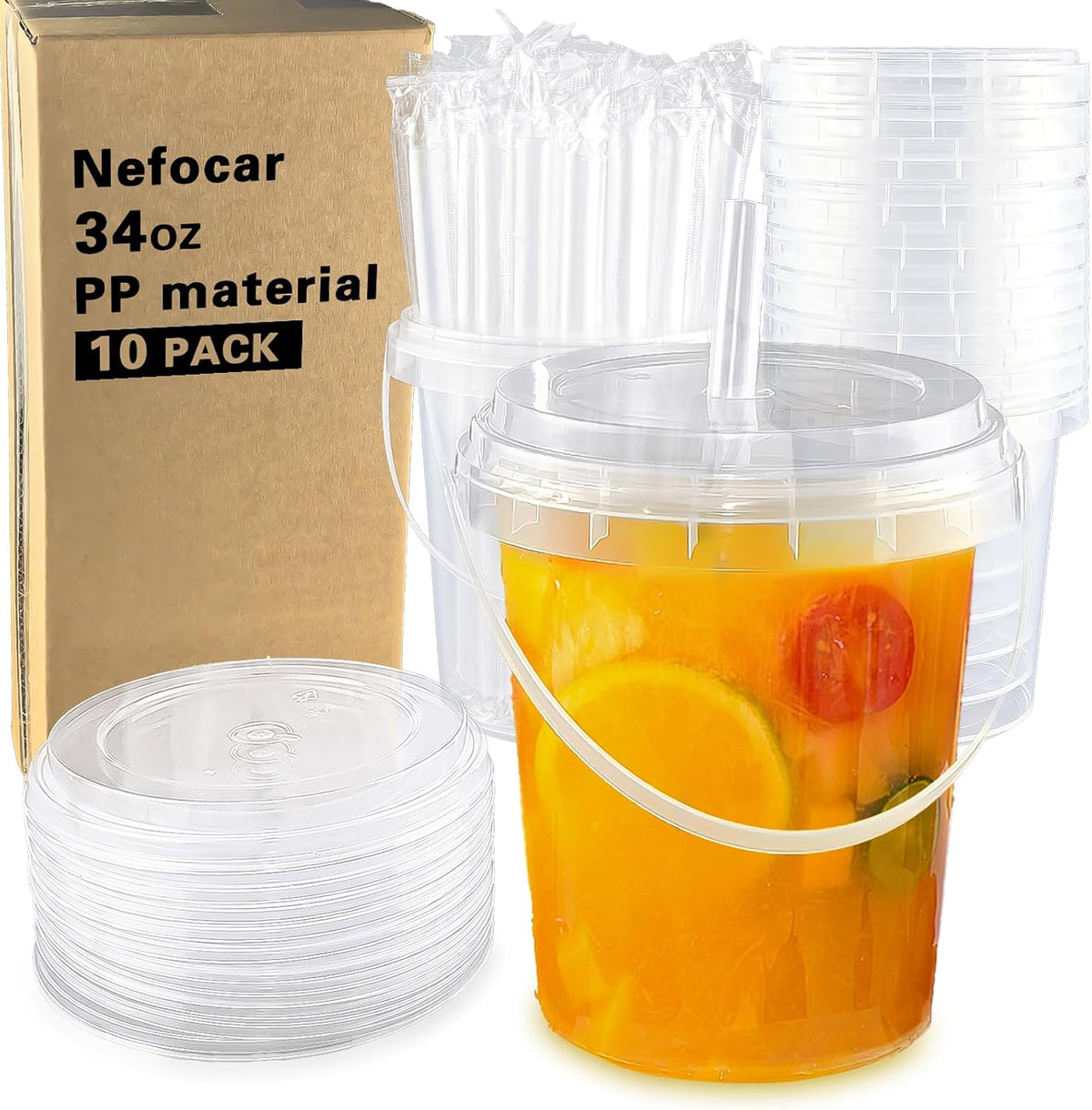 10 Pack 34oz Plastic Cups with Lids and Straws,Drink Buckets