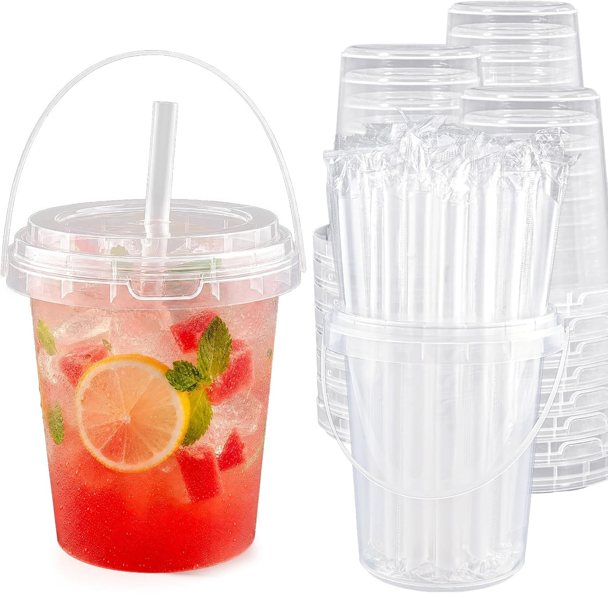 10 Pack 34oz Plastic Cups with Lids and Straws,Drink Buckets