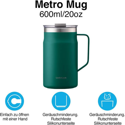 Metro Mug, Premium 18/8 Stainless Steel Metal, Double Wall Insulated, Portable Coffee Cup with Lid and Handle for Hot and Cold Drinks, Mint, 16 oz