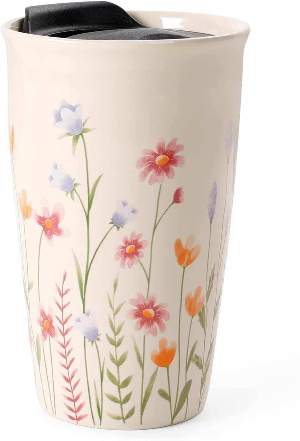 Ceramic Travel Mug with Lid, Flower Pattern Black Double Wall Coffee Mug Tumbler, Reusable Tall Cup, Splash Resistant Lid, Dishwasher Microwaveable Safe