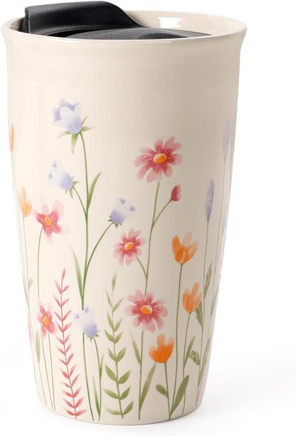 Ceramic Travel Mug with Lid, Flower Pattern Black Double Wall Coffee Mug Tumbler, Reusable Tall Cup, Splash Resistant Lid, Dishwasher Microwaveable Safe