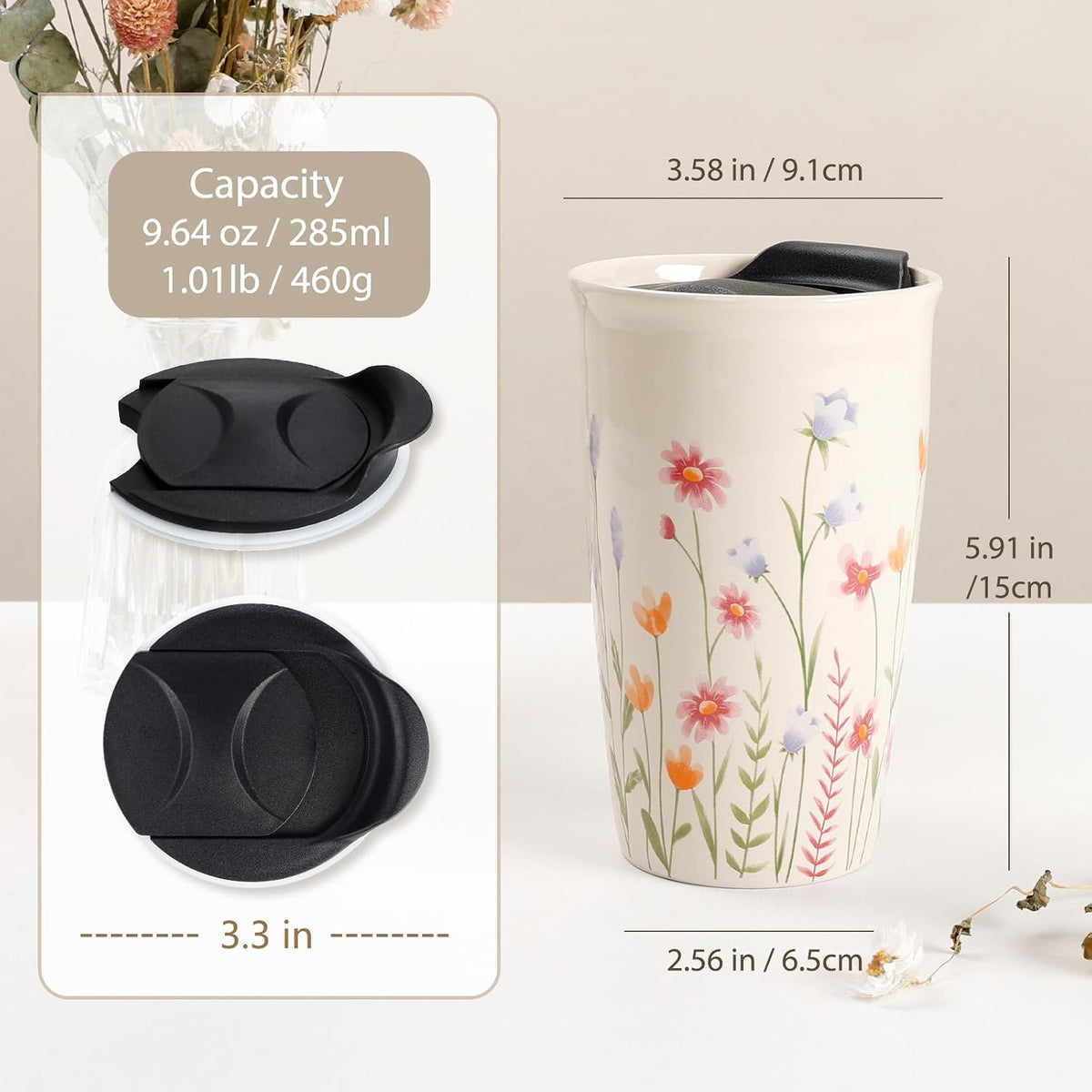 Ceramic Travel Mug with Lid, Flower Pattern Black Double Wall Coffee Mug Tumbler, Reusable Tall Cup, Splash Resistant Lid, Dishwasher Microwaveable Safe