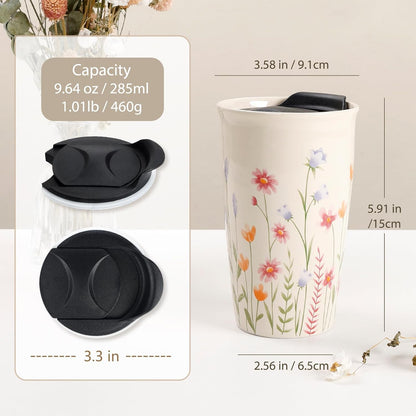 Ceramic Travel Mug with Lid, Flower Pattern Black Double Wall Coffee Mug Tumbler, Reusable Tall Cup, Splash Resistant Lid, Dishwasher Microwaveable Safe