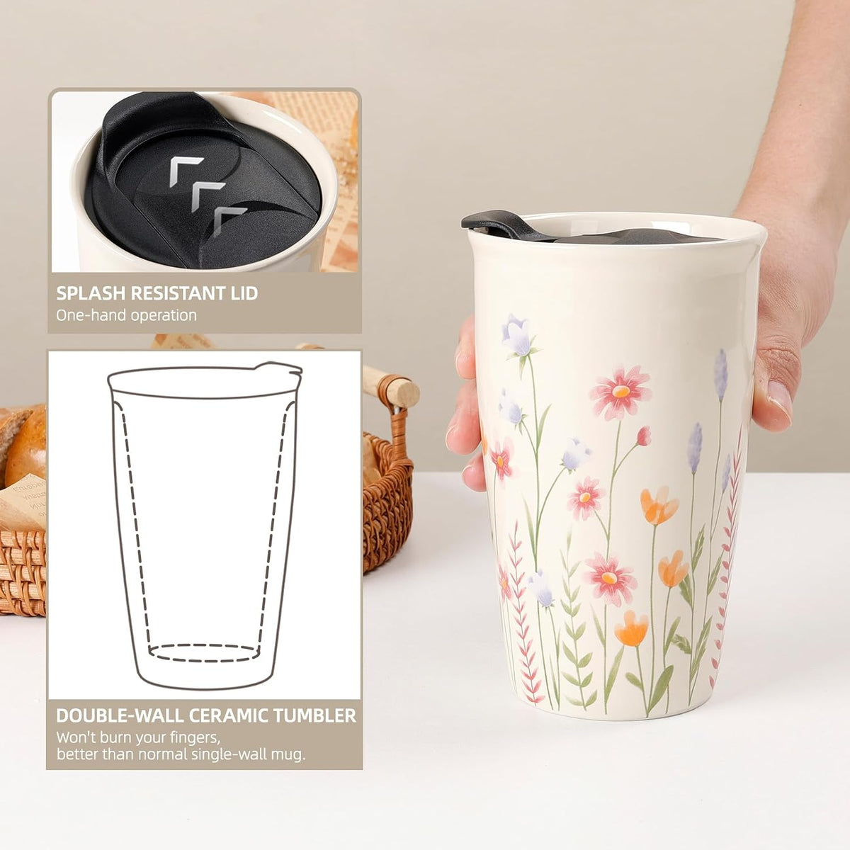 Ceramic Travel Mug with Lid, Flower Pattern Black Double Wall Coffee Mug Tumbler, Reusable Tall Cup, Splash Resistant Lid, Dishwasher Microwaveable Safe