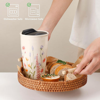 Ceramic Travel Mug with Lid, Flower Pattern Black Double Wall Coffee Mug Tumbler, Reusable Tall Cup, Splash Resistant Lid, Dishwasher Microwaveable Safe
