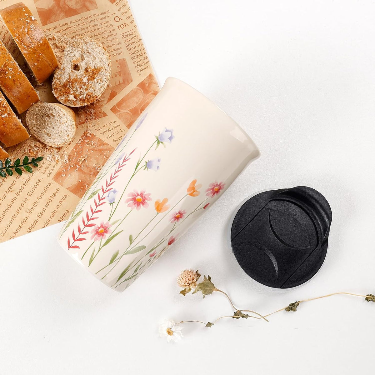 Ceramic Travel Mug with Lid, Flower Pattern Black Double Wall Coffee Mug Tumbler, Reusable Tall Cup, Splash Resistant Lid, Dishwasher Microwaveable Safe