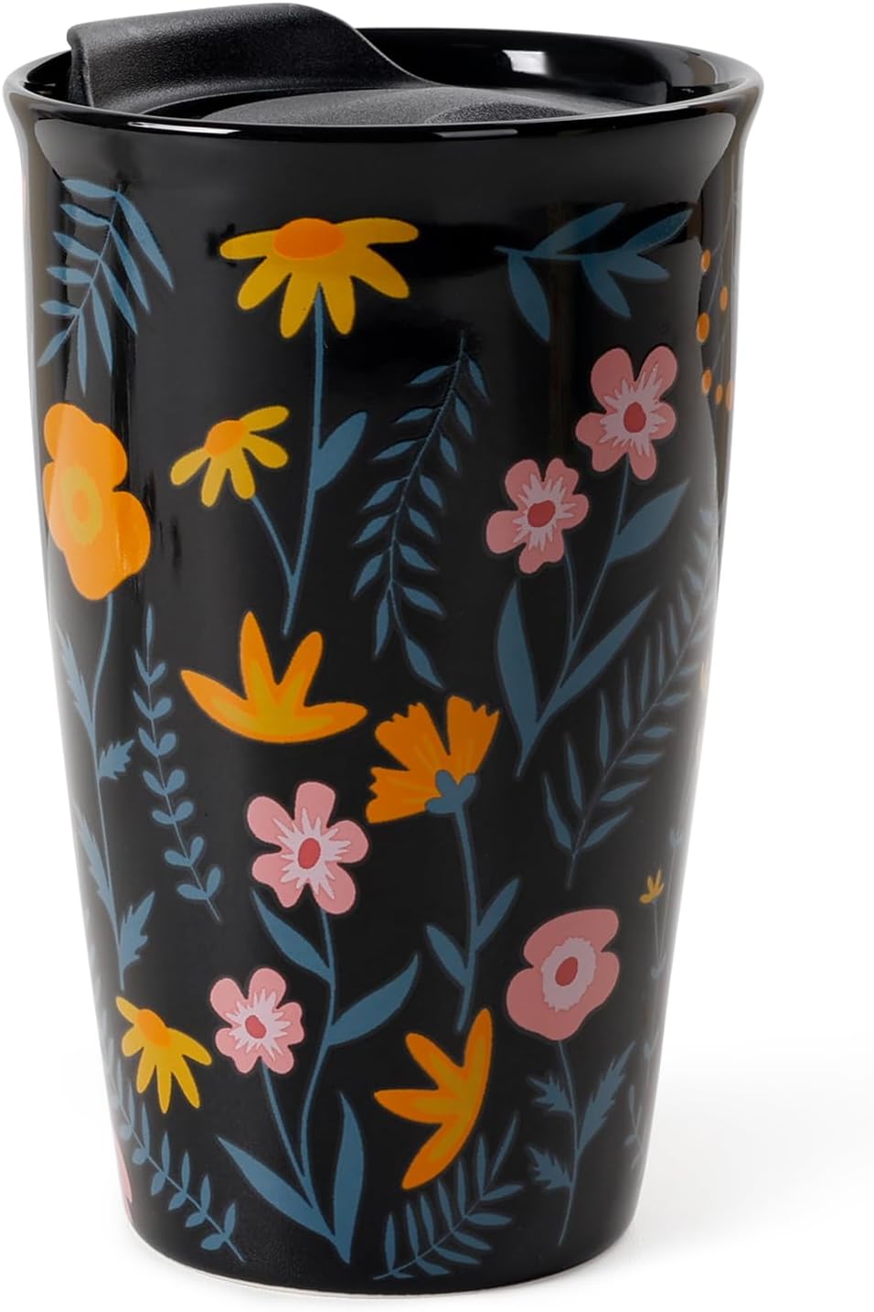 Ceramic Travel Mug with Lid, Flower Pattern Black Double Wall Coffee Mug Tumbler, Reusable Tall Cup, Splash Resistant Lid, Dishwasher Microwaveable Safe