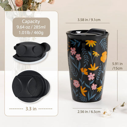 Ceramic Travel Mug with Lid, Flower Pattern Black Double Wall Coffee Mug Tumbler, Reusable Tall Cup, Splash Resistant Lid, Dishwasher Microwaveable Safe
