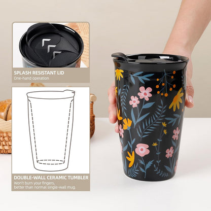 Ceramic Travel Mug with Lid, Flower Pattern Black Double Wall Coffee Mug Tumbler, Reusable Tall Cup, Splash Resistant Lid, Dishwasher Microwaveable Safe