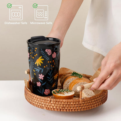 Ceramic Travel Mug with Lid, Flower Pattern Black Double Wall Coffee Mug Tumbler, Reusable Tall Cup, Splash Resistant Lid, Dishwasher Microwaveable Safe