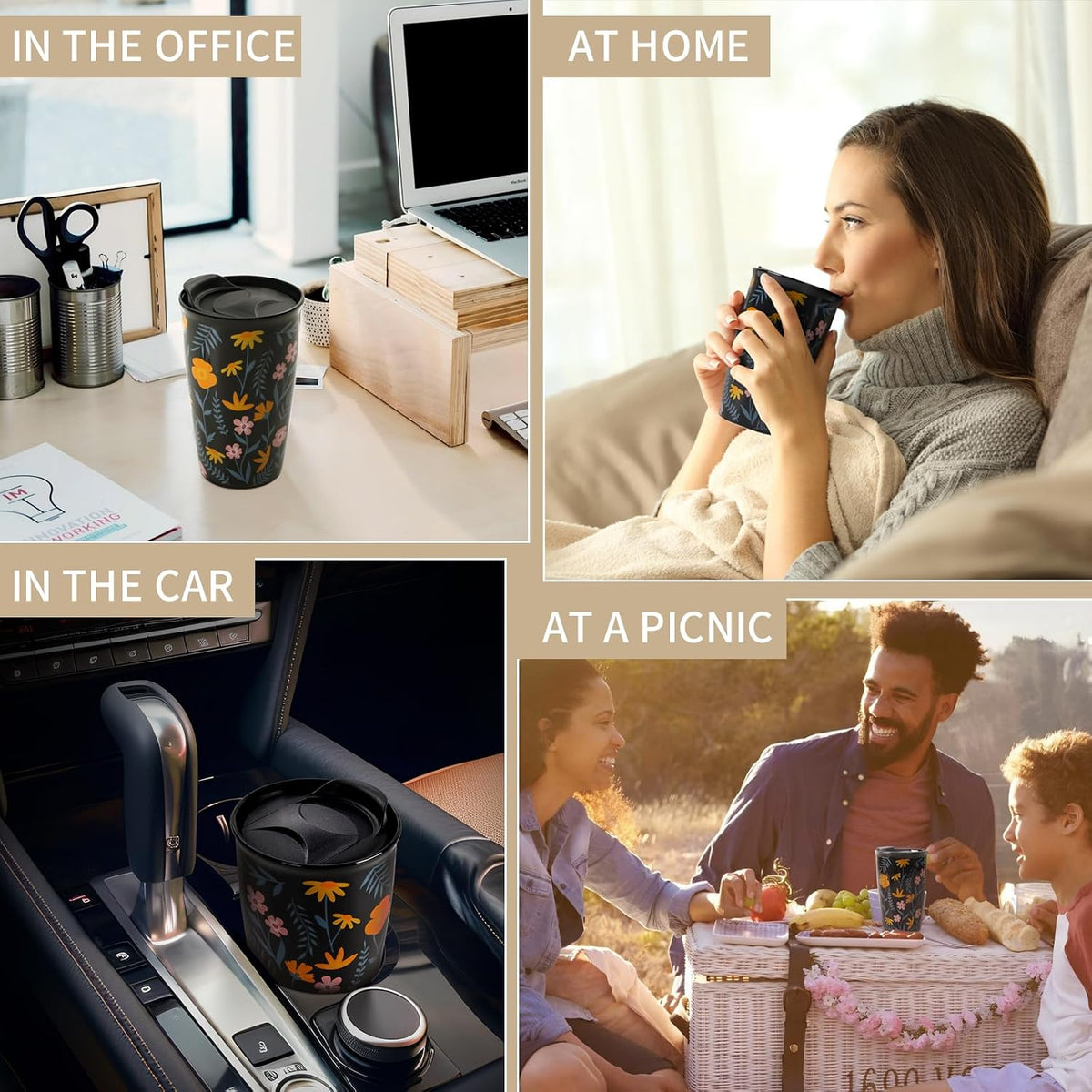 Ceramic Travel Mug with Lid, Flower Pattern Black Double Wall Coffee Mug Tumbler, Reusable Tall Cup, Splash Resistant Lid, Dishwasher Microwaveable Safe