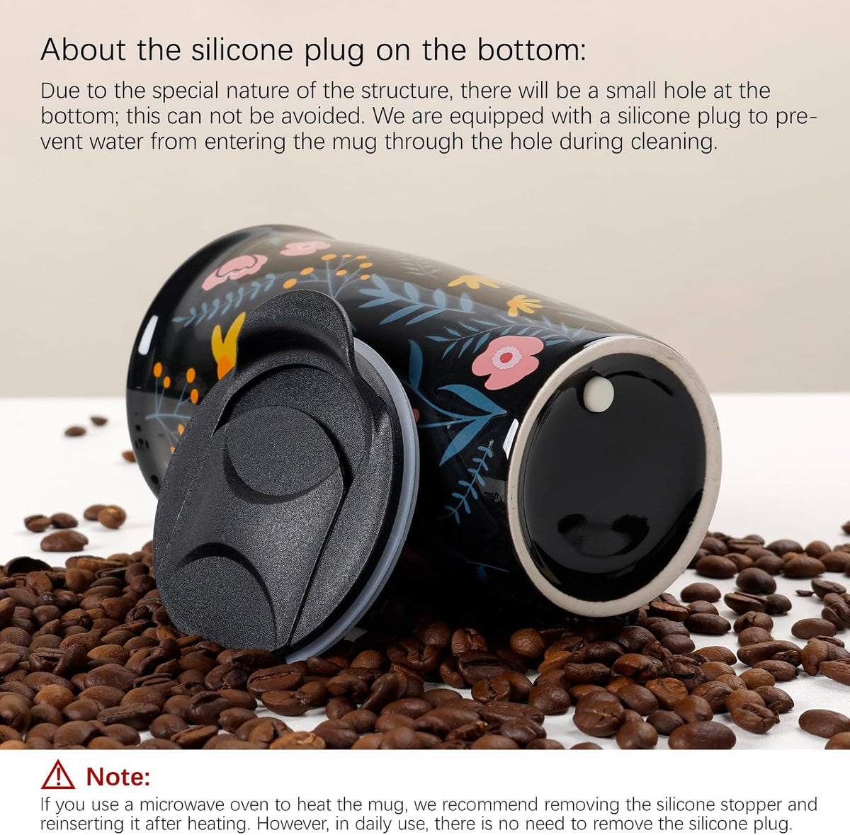 Ceramic Travel Mug with Lid, Flower Pattern Black Double Wall Coffee Mug Tumbler, Reusable Tall Cup, Splash Resistant Lid, Dishwasher Microwaveable Safe