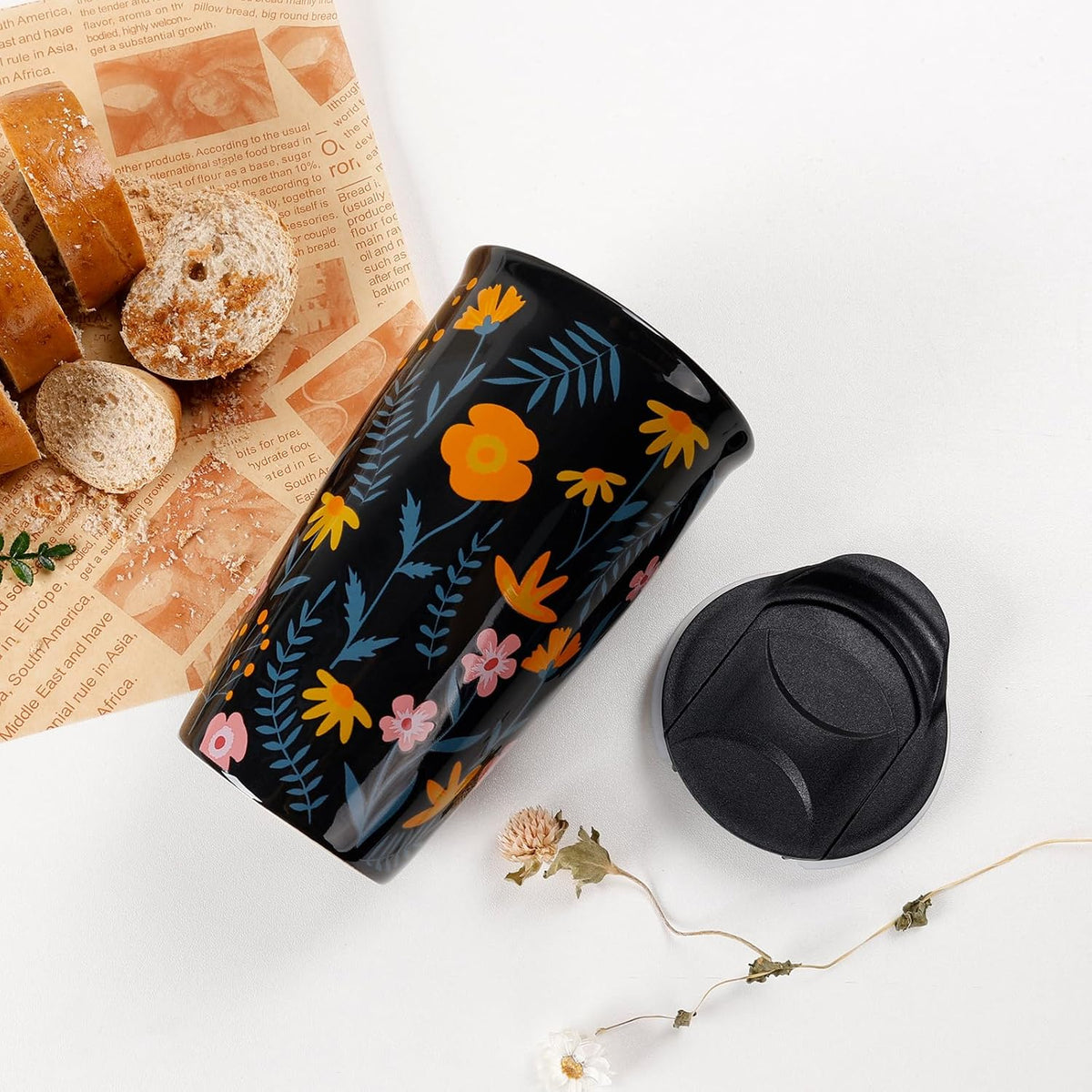 Ceramic Travel Mug with Lid, Flower Pattern Black Double Wall Coffee Mug Tumbler, Reusable Tall Cup, Splash Resistant Lid, Dishwasher Microwaveable Safe