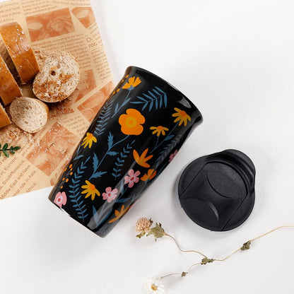 Ceramic Travel Mug with Lid, Flower Pattern Black Double Wall Coffee Mug Tumbler, Reusable Tall Cup, Splash Resistant Lid, Dishwasher Microwaveable Safe