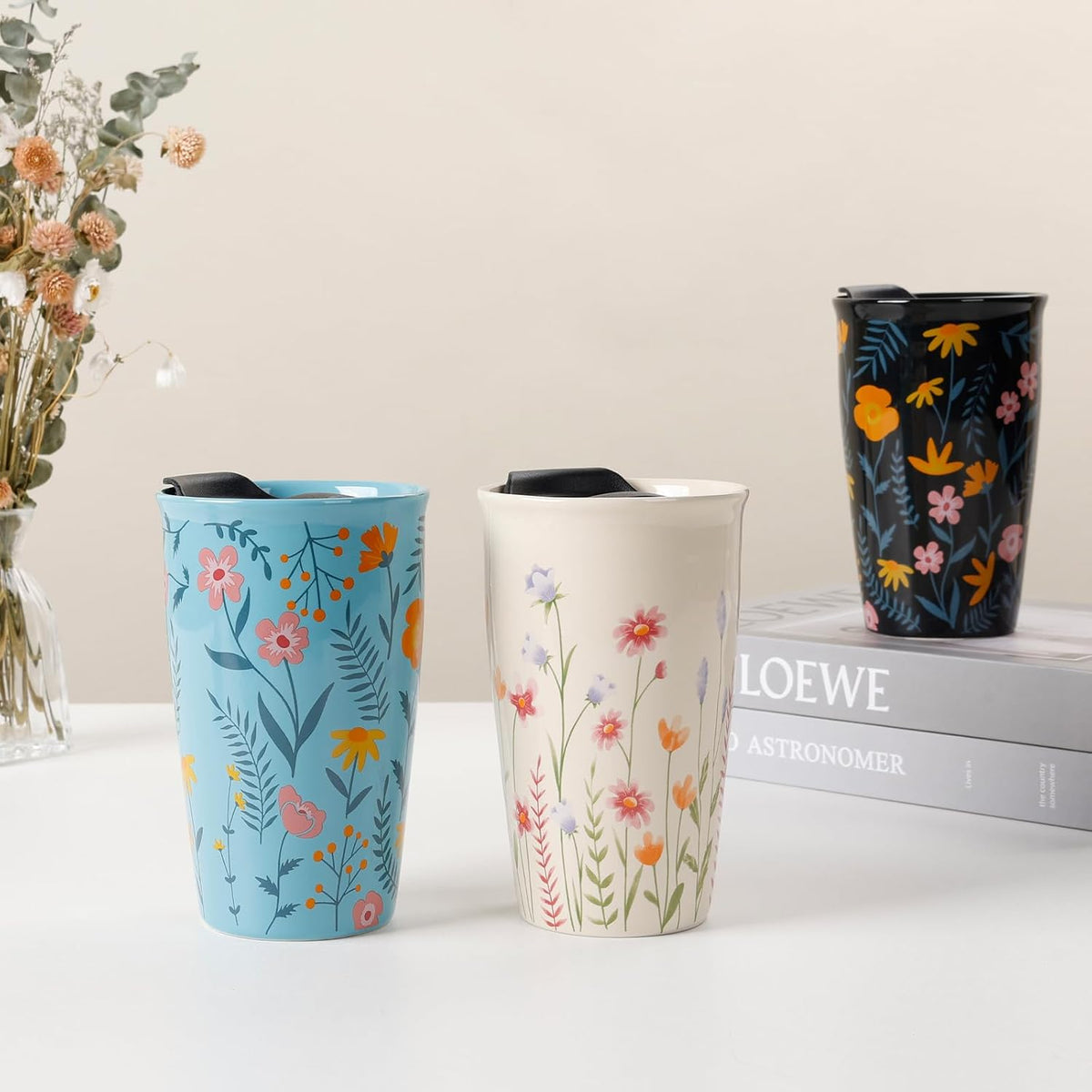 Ceramic Travel Mug with Lid, Flower Pattern Black Double Wall Coffee Mug Tumbler, Reusable Tall Cup, Splash Resistant Lid, Dishwasher Microwaveable Safe