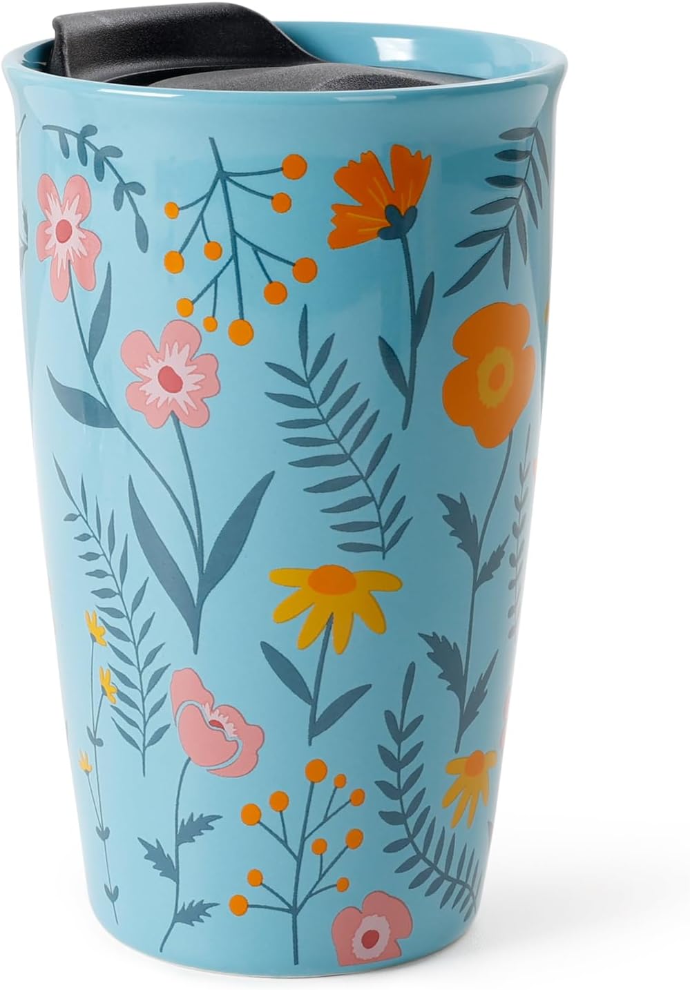 Ceramic Travel Mug with Lid, Flower Pattern Black Double Wall Coffee Mug Tumbler, Reusable Tall Cup, Splash Resistant Lid, Dishwasher Microwaveable Safe