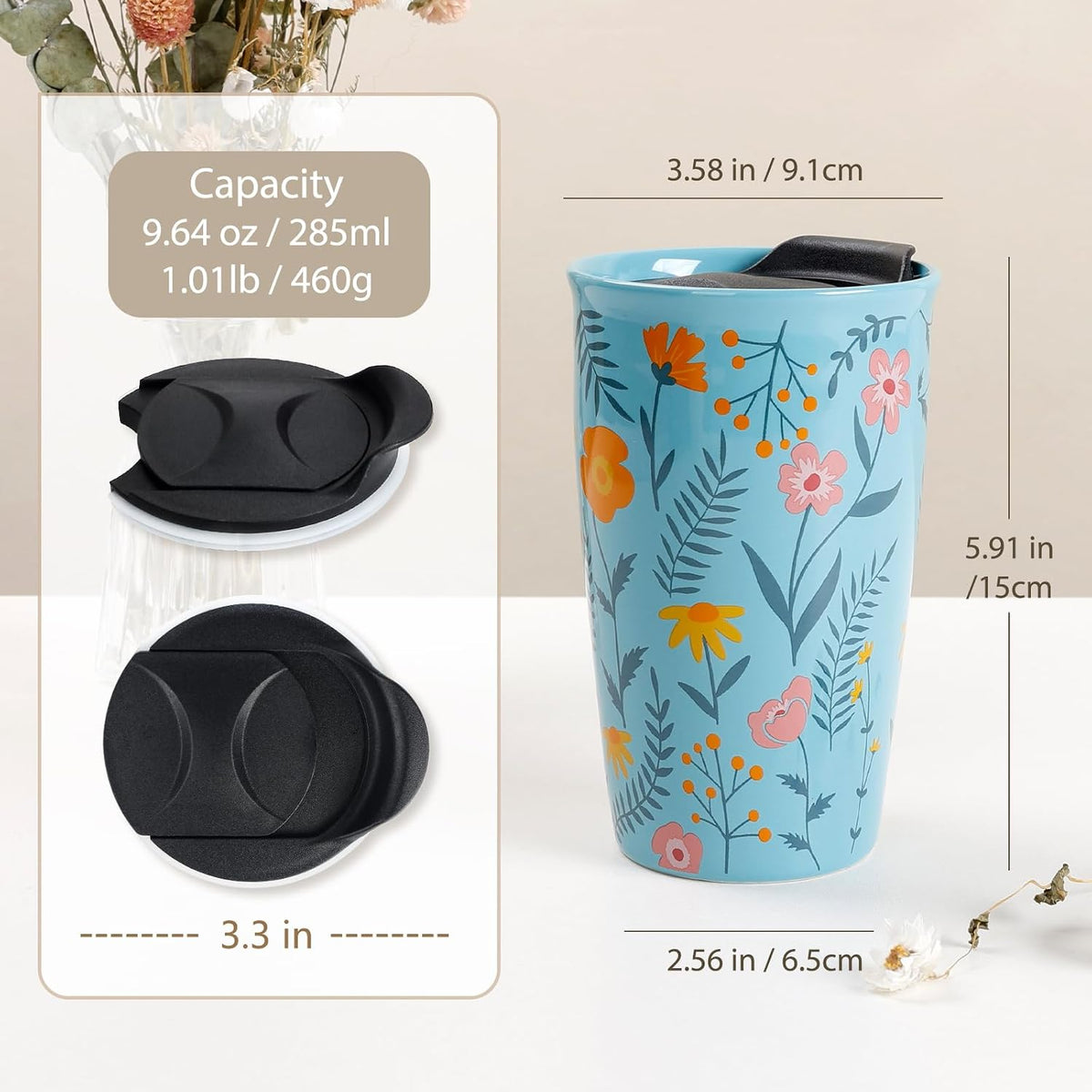 Ceramic Travel Mug with Lid, Flower Pattern Black Double Wall Coffee Mug Tumbler, Reusable Tall Cup, Splash Resistant Lid, Dishwasher Microwaveable Safe