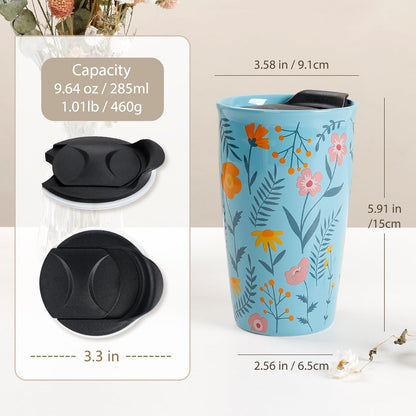 Ceramic Travel Mug with Lid, Flower Pattern Black Double Wall Coffee Mug Tumbler, Reusable Tall Cup, Splash Resistant Lid, Dishwasher Microwaveable Safe