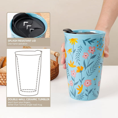 Ceramic Travel Mug with Lid, Flower Pattern Black Double Wall Coffee Mug Tumbler, Reusable Tall Cup, Splash Resistant Lid, Dishwasher Microwaveable Safe