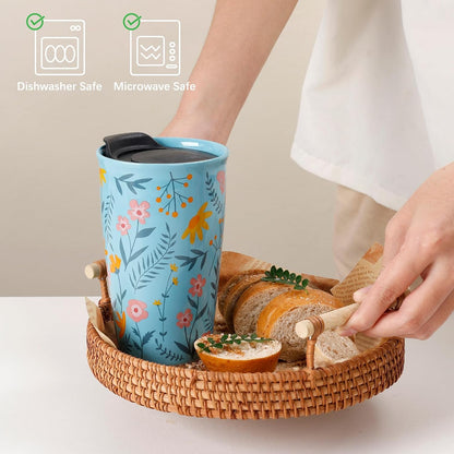 Ceramic Travel Mug with Lid, Flower Pattern Black Double Wall Coffee Mug Tumbler, Reusable Tall Cup, Splash Resistant Lid, Dishwasher Microwaveable Safe