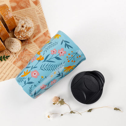 Ceramic Travel Mug with Lid, Flower Pattern Black Double Wall Coffee Mug Tumbler, Reusable Tall Cup, Splash Resistant Lid, Dishwasher Microwaveable Safe