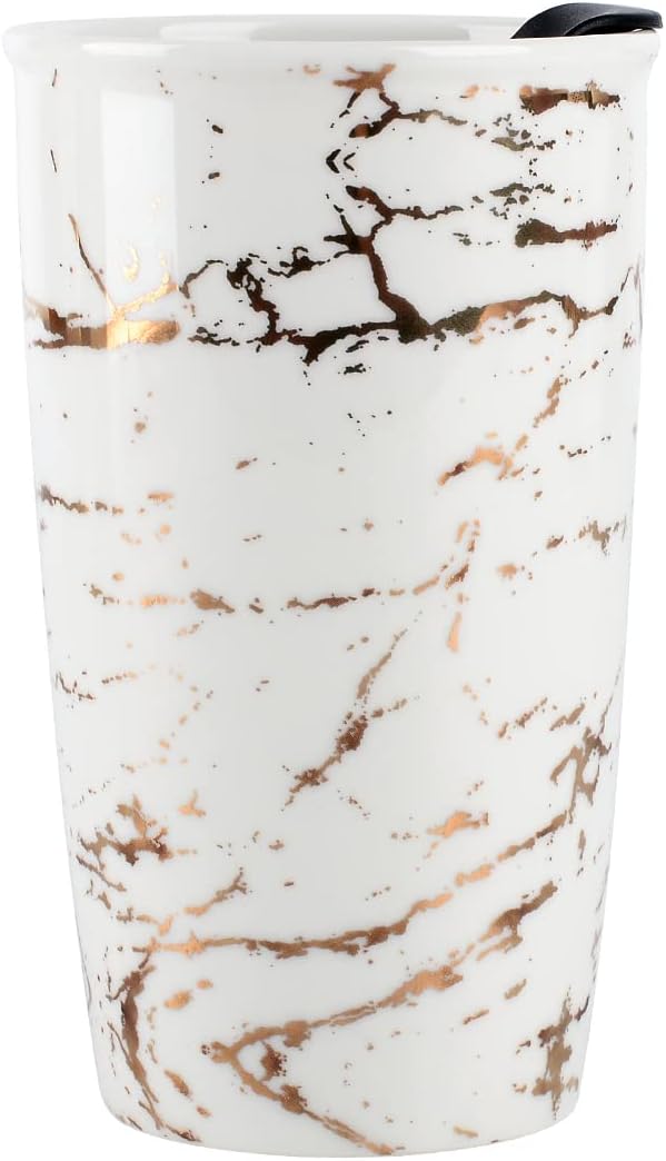 Ceramic Travel Mug with Lid, Flower Pattern Black Double Wall Coffee Mug Tumbler, Reusable Tall Cup, Splash Resistant Lid, Dishwasher Microwaveable Safe