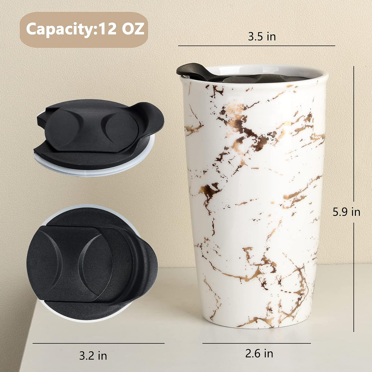 Ceramic Travel Mug with Lid, Flower Pattern Black Double Wall Coffee Mug Tumbler, Reusable Tall Cup, Splash Resistant Lid, Dishwasher Microwaveable Safe