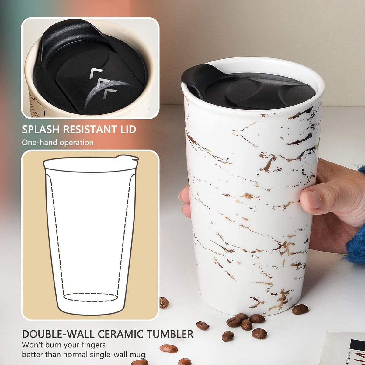 Ceramic Travel Mug with Lid, Flower Pattern Black Double Wall Coffee Mug Tumbler, Reusable Tall Cup, Splash Resistant Lid, Dishwasher Microwaveable Safe